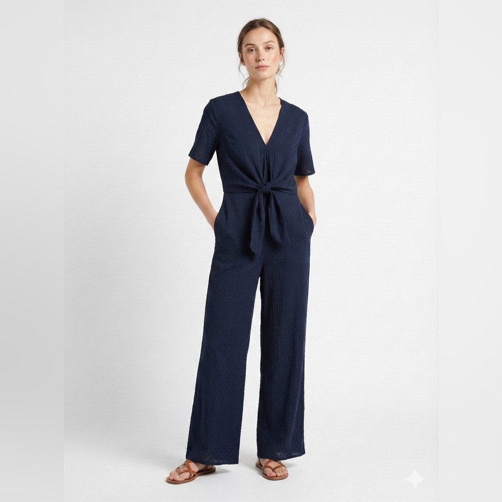 Sandro Paris El Dukie Navy Blue Polka Dot Jumpsuit Tie Front Wide Leg 38 / US 6